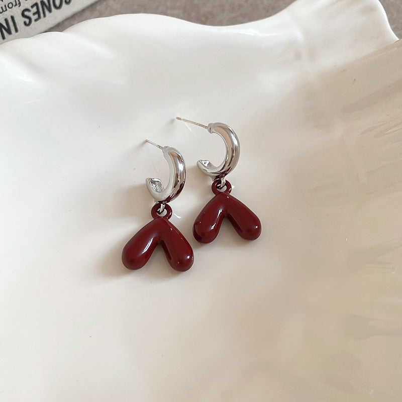 Women's Sier Needle Red Geometric Ear Korean Earrings