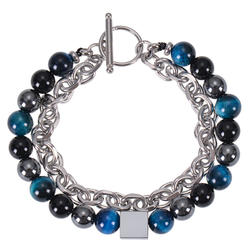 Men's Stainless Steel Square Black Magnet Beaded Bracelet
