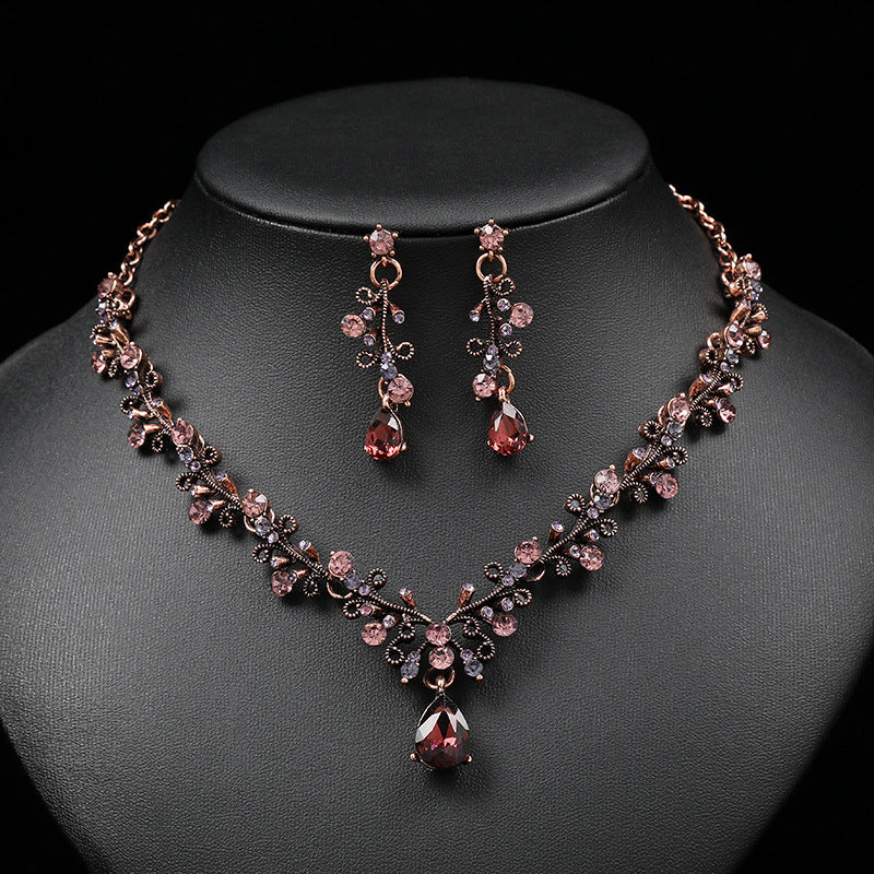 Gem Clavicle Chain Female Leaf Water Drop Straight Jewelry Set