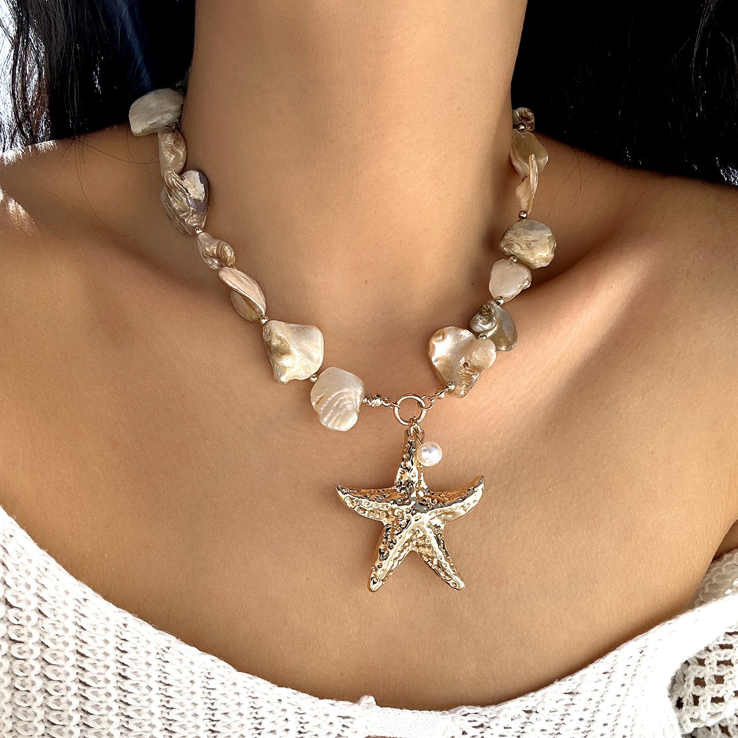 Women's Starfish Shell Beaded Imitation Pearl Layered Thick Necklaces