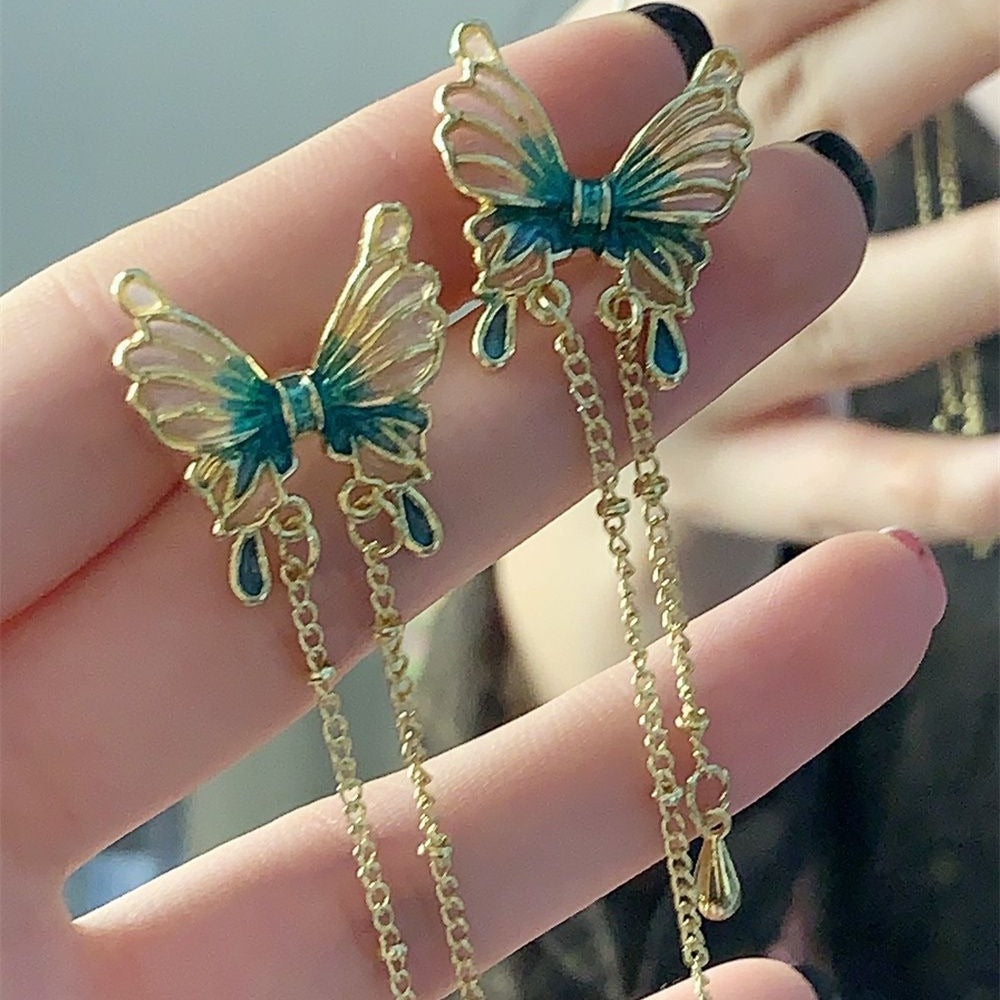 Chinese Retro Green Butterfly Tassel Electroplated Sier Needle Stud Earrings