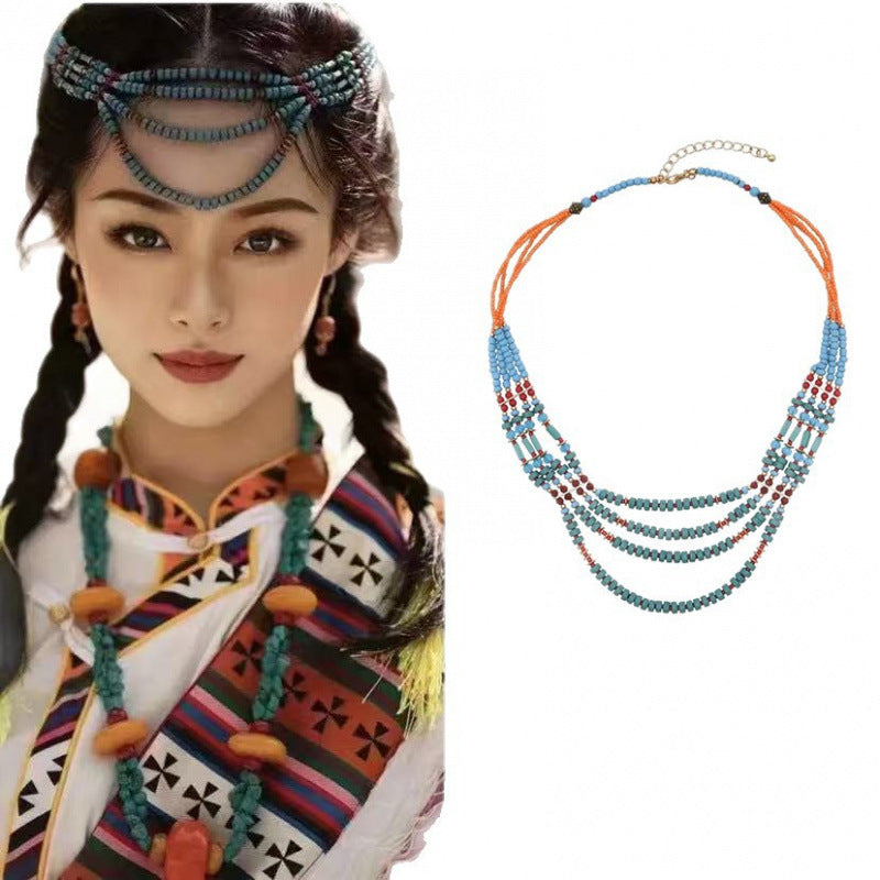 Women's Chinese Style Twin Tibetan Classical Beaded Clavicle Necklace