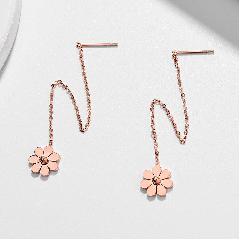 Steel Little Daisy Flower Tassel Hanging Rose Gold Earrings