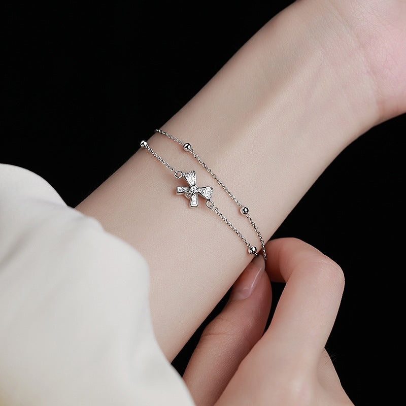 Women's Bow Fashion Simple Design Ribbon Round Beads Chain Exquisite Light Bracelet