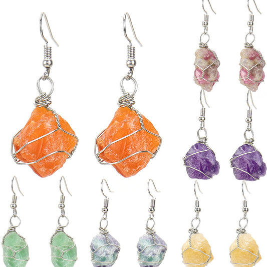 Women's Handmade Sier Winding Natural Stone Rough Crystal Agate Earrings