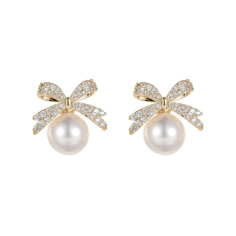 Women's Bowknot Pearl With Diamonds Temperament Wild Niche Design Stud Earrings