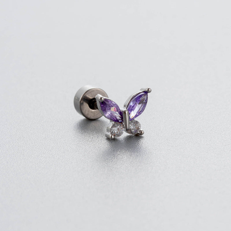 Steel Ear Bone Purple Heart-shaped Zircon Butterfly Screw High-grade Niche Rings