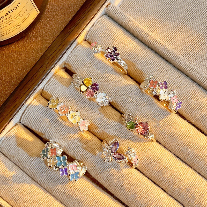 Matching Colored Gems Enamel Dopamine Flower Sweet Zircon Gentle White Rings