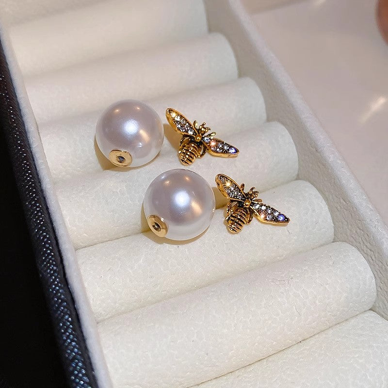Women's Sier Pearl Bee Front Back Unique Design Niche Temperament Stud Earrings
