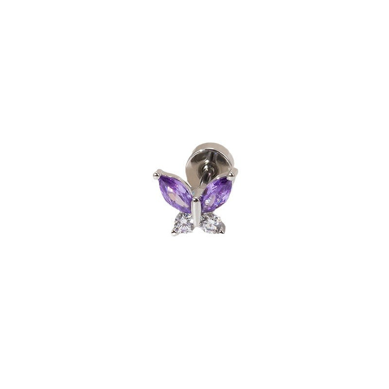 Steel Ear Bone Purple Heart-shaped Zircon Butterfly Screw High-grade Niche Rings