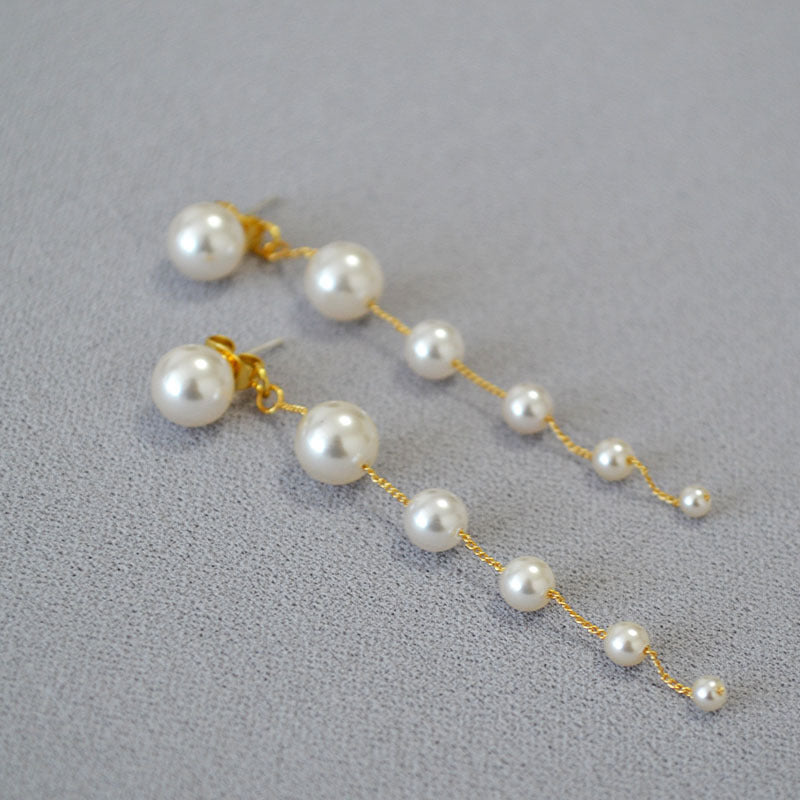Women's Gradient Large Small Pearls Tassel Sier Earrings