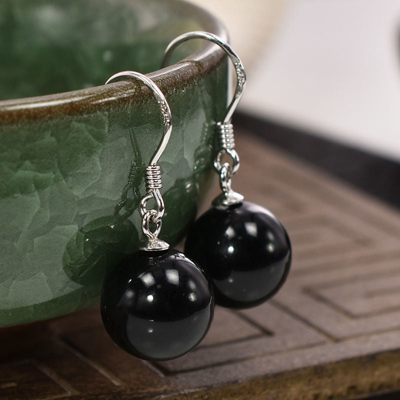 Women's Agate Sier Ear Hook Green Chalcedony Yellow Black Earrings
