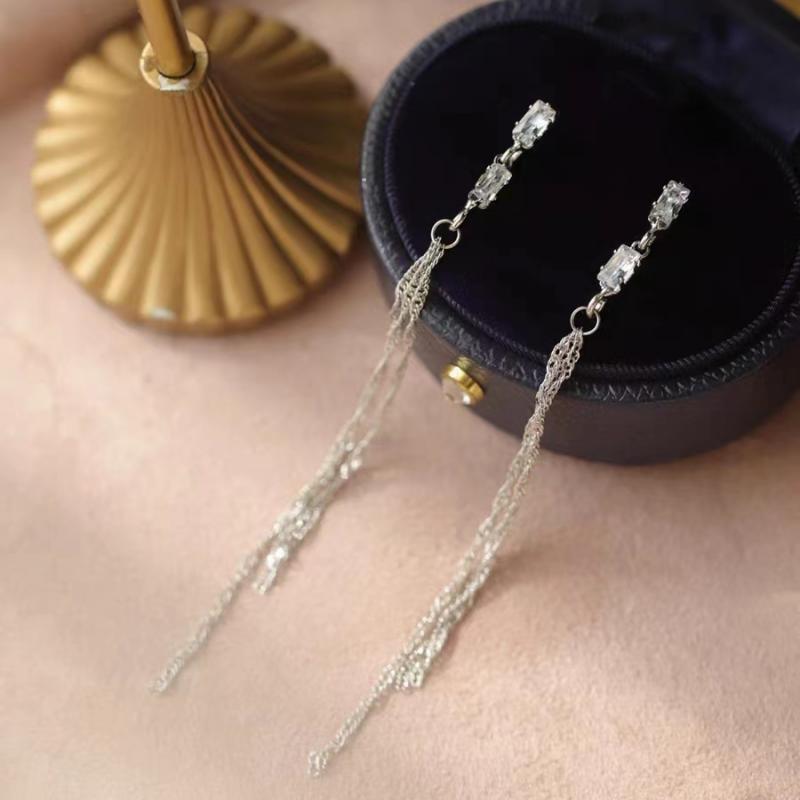 Women's Trendy Long Tassel Square Zircon Simple Design Frosty Earrings