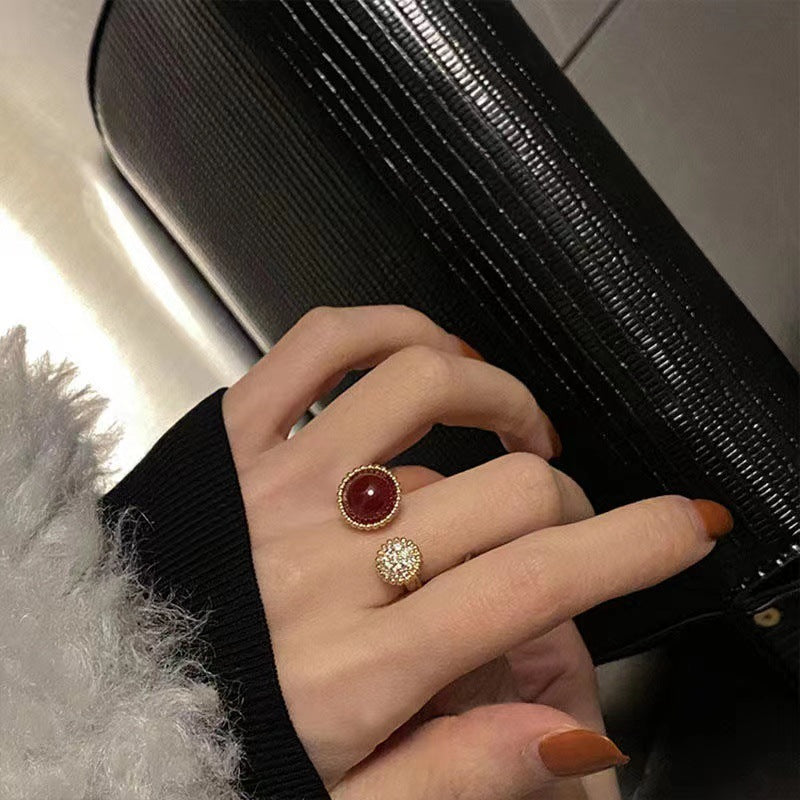 Women's Retro Red Rhinestone Ball For Light Luxury Minority Exquisite Design Ring