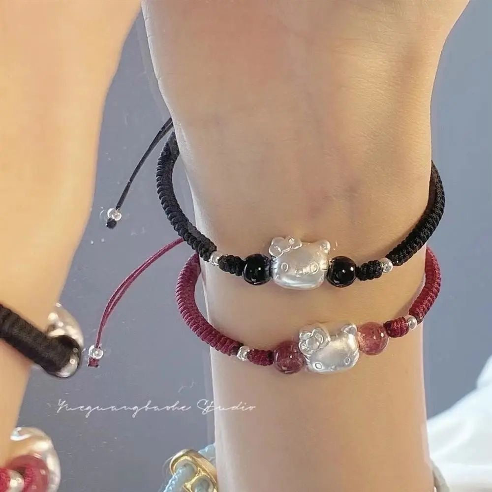Hello Kitty Obsidian Strawberry Couple Woven Hand Bracelet