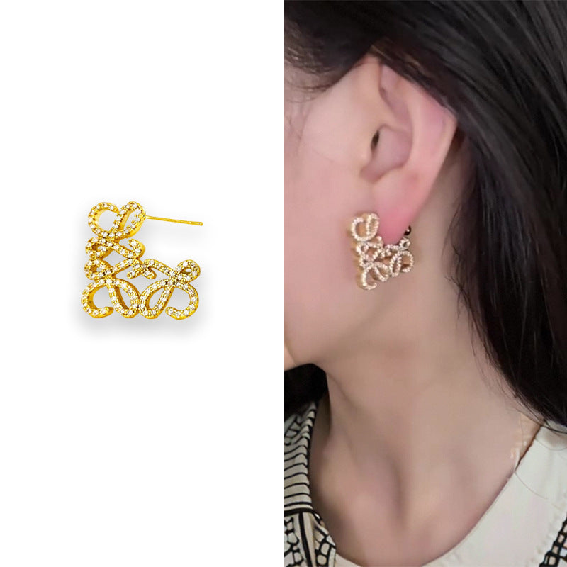 French Style Full Diamond Exquisite Carving Geometric Earrings