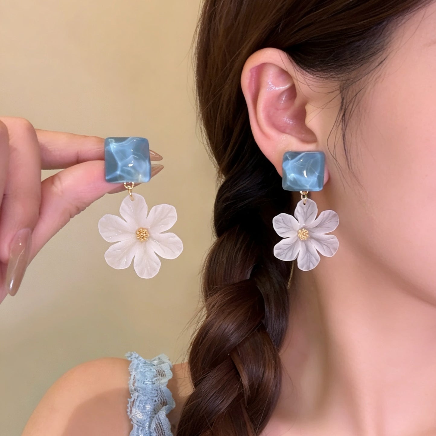 Women's Sea Salt Blue Cube Sugar Flower For Super Beautiful Unique Earrings