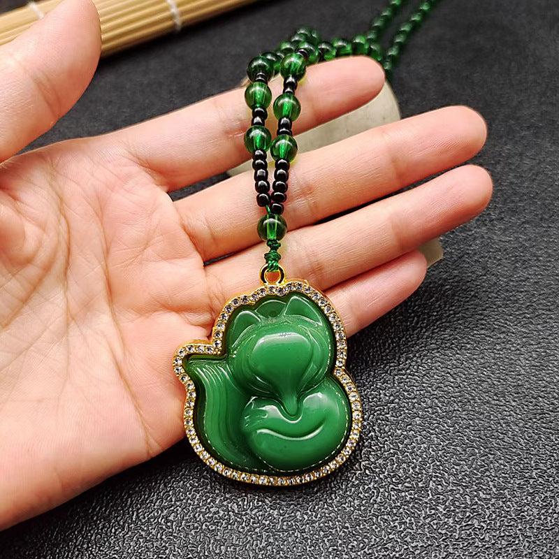 Buddha Imitation Jade Dark Green Fox Necklaces