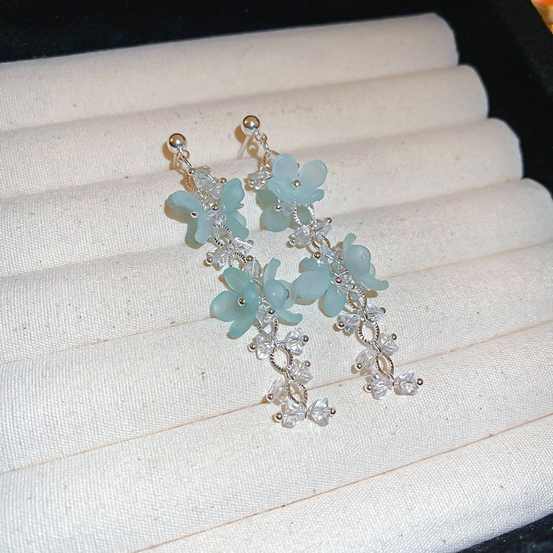 Women's Fresh Blue Fabric Flower Tassel Seaside Vacation Style Light Stud Earrings