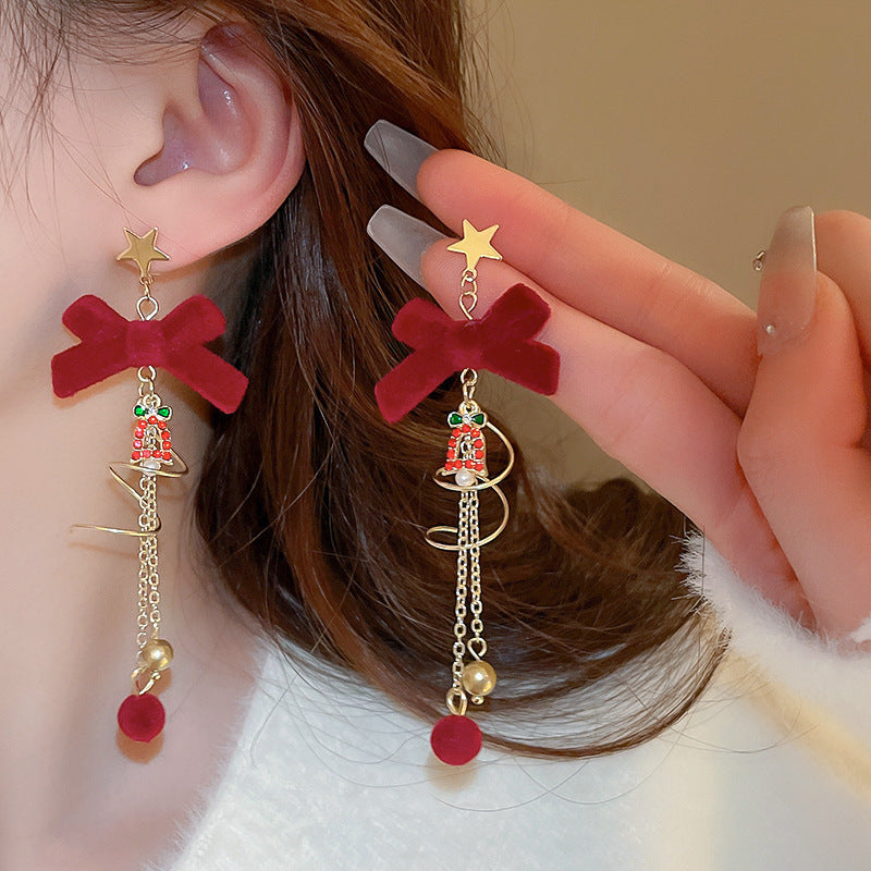 Red Bow Flower Light Luxury Christmas Earrings