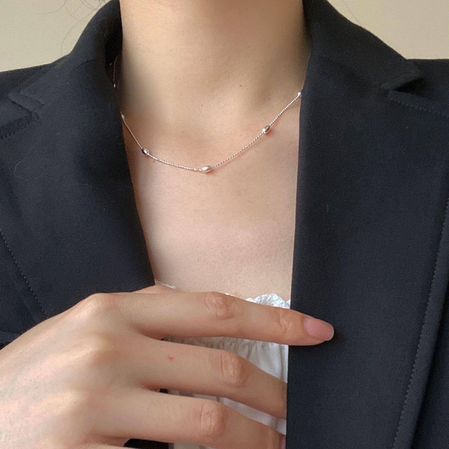 Sier Rice Grain Round Beads White Ladies Clavicle Chain Necklace