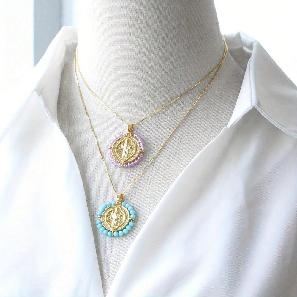 Colorful Crystal Religious Virgin Mary Accessories Copper Necklaces