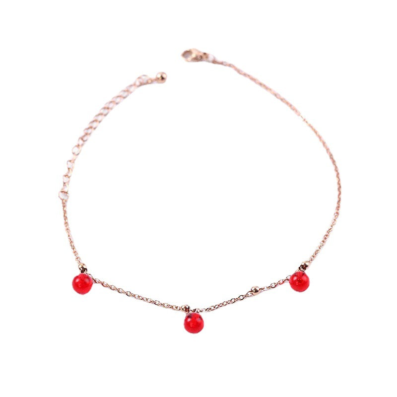 Women's Steel Rose Gold Three Red Beads Simple Bracelet