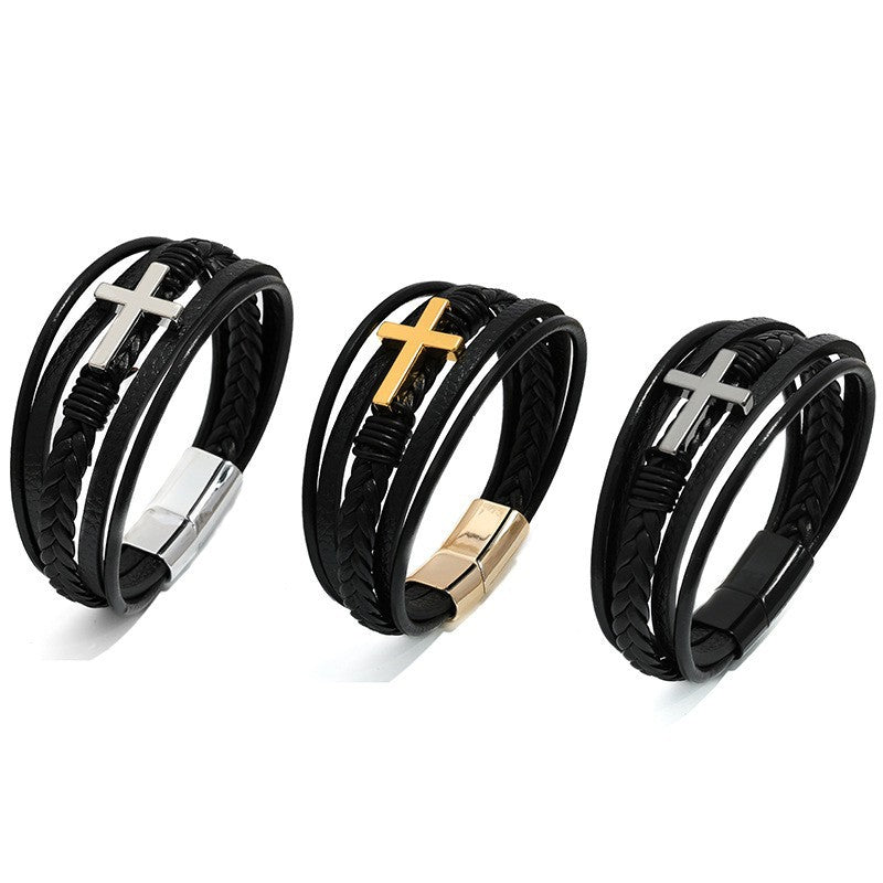 Men's Cross Leather Handmade Braided Rope Magnetic Bracelet