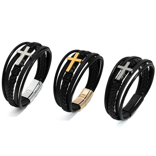 Men's Cross Leather Handmade Braided Rope Magnetic Bracelet