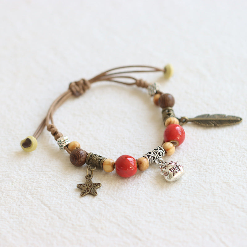 National Style Woven Lucky Cat Ceramic Adjustable Ethnic Carrying Bracelet