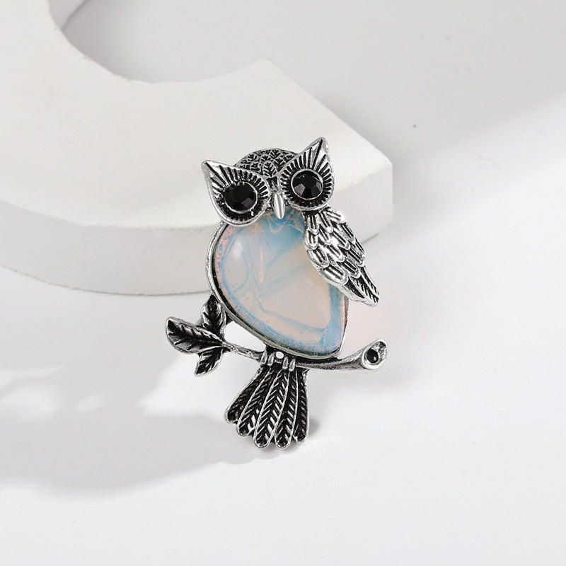 Natural Stone Crystal Owl Brooch Cute Brooches