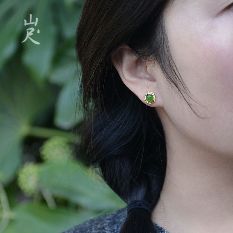 Natural Jade Green Round Sterling Sier Gold-plated Simple Earrings