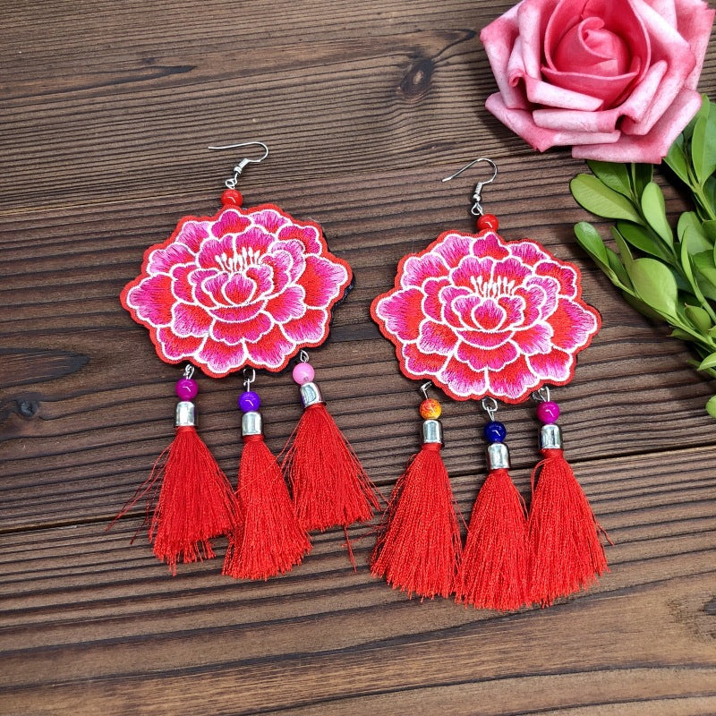 Fabric Yunnan Simple Flower Tassel Female Earrings