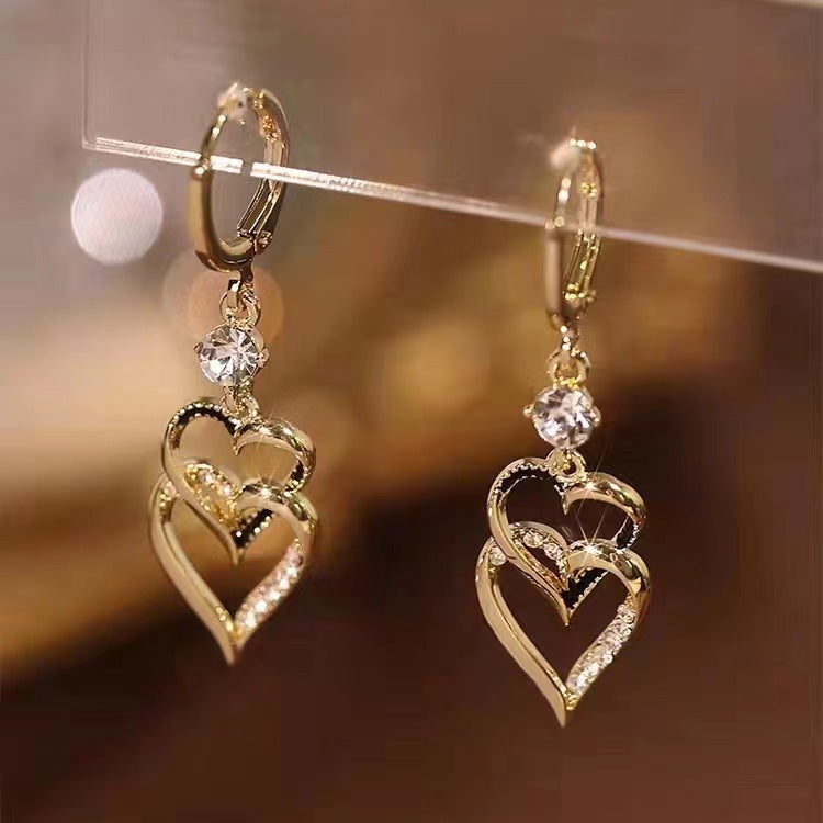 Double Love Heart Small Versatile Temperamental Fashionable Stud Earrings