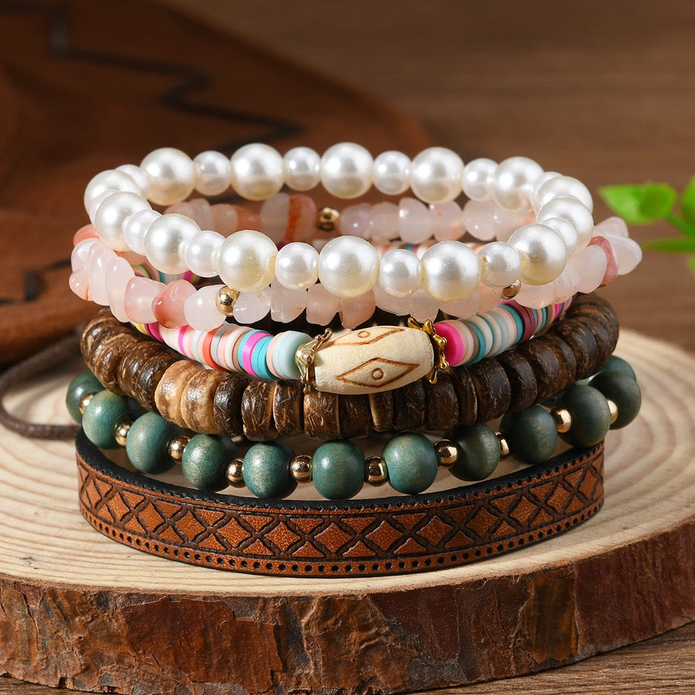 Wooden Bead Leather Rope Twin Ethnic Bracelet