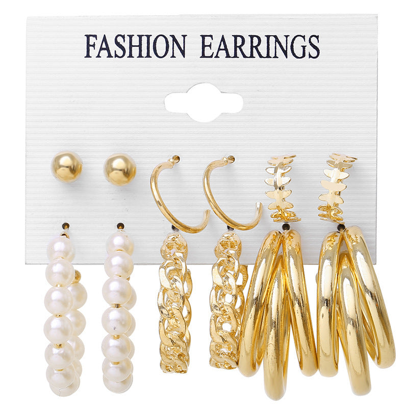 Geometric Pearl Round Chain Ball Combination Earrings