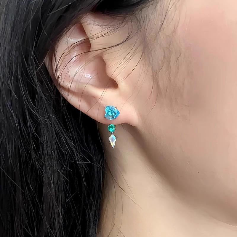 Blue Loving Heart Zircon Horseshoe Ear Light Luxury High Sense Stud Earrings