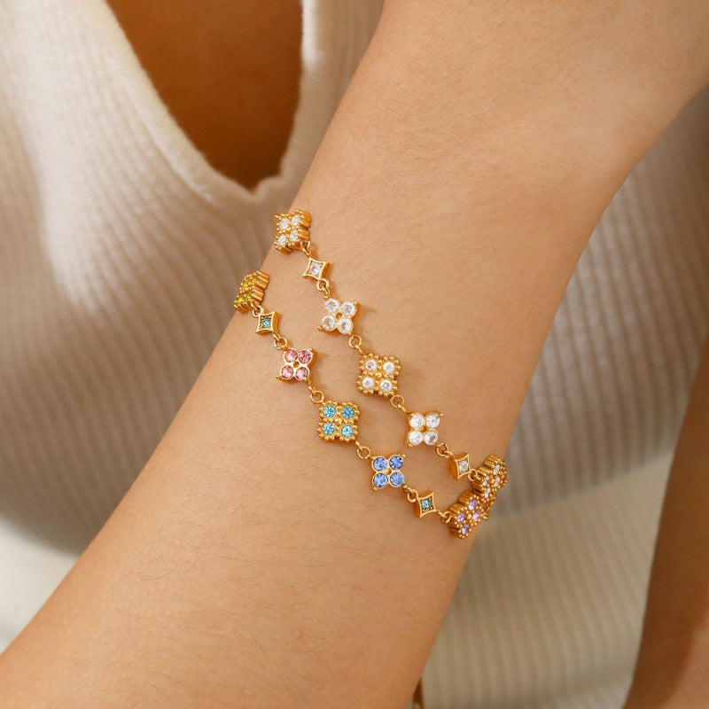Sweet Diamond Mounted Colorful Lucky Four-leaf Flower Female Minority Simple Bracelet