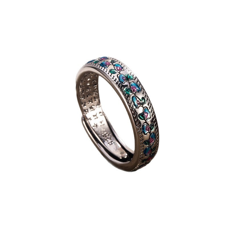 Enamel Apricot Leaf Vine Female Opening Chinese Style Retro National Ring