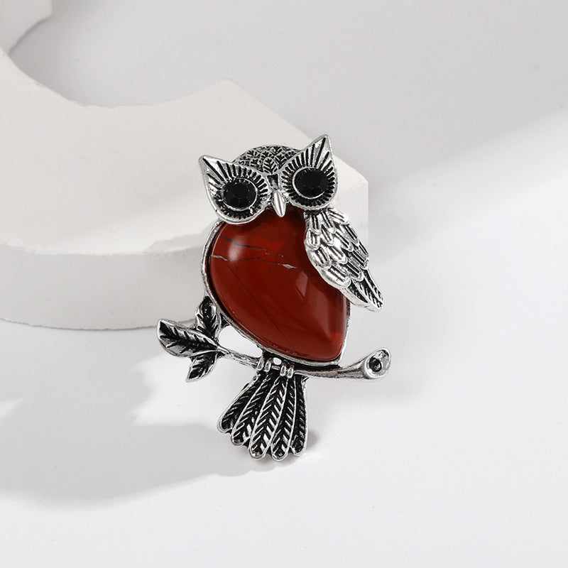 Natural Stone Crystal Owl Brooch Cute Brooches