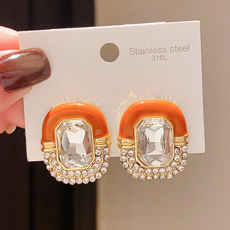 Sier Needle Light Luxury Diamond Drop Oil Oval Retro Fashion Stud Earrings