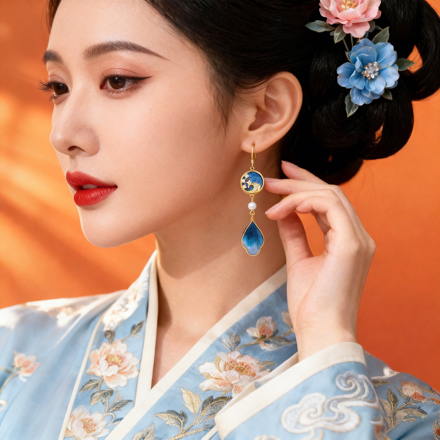 Women's Chinese Style Flower National Traditional Handmade Cloisonne Silk Ear Hook Rings