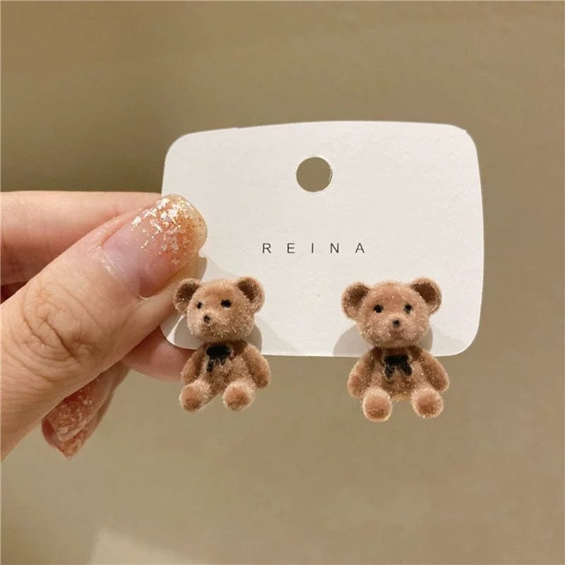 Heart Bunny Korean Flocking Cute Bear Ear Stud Earrings