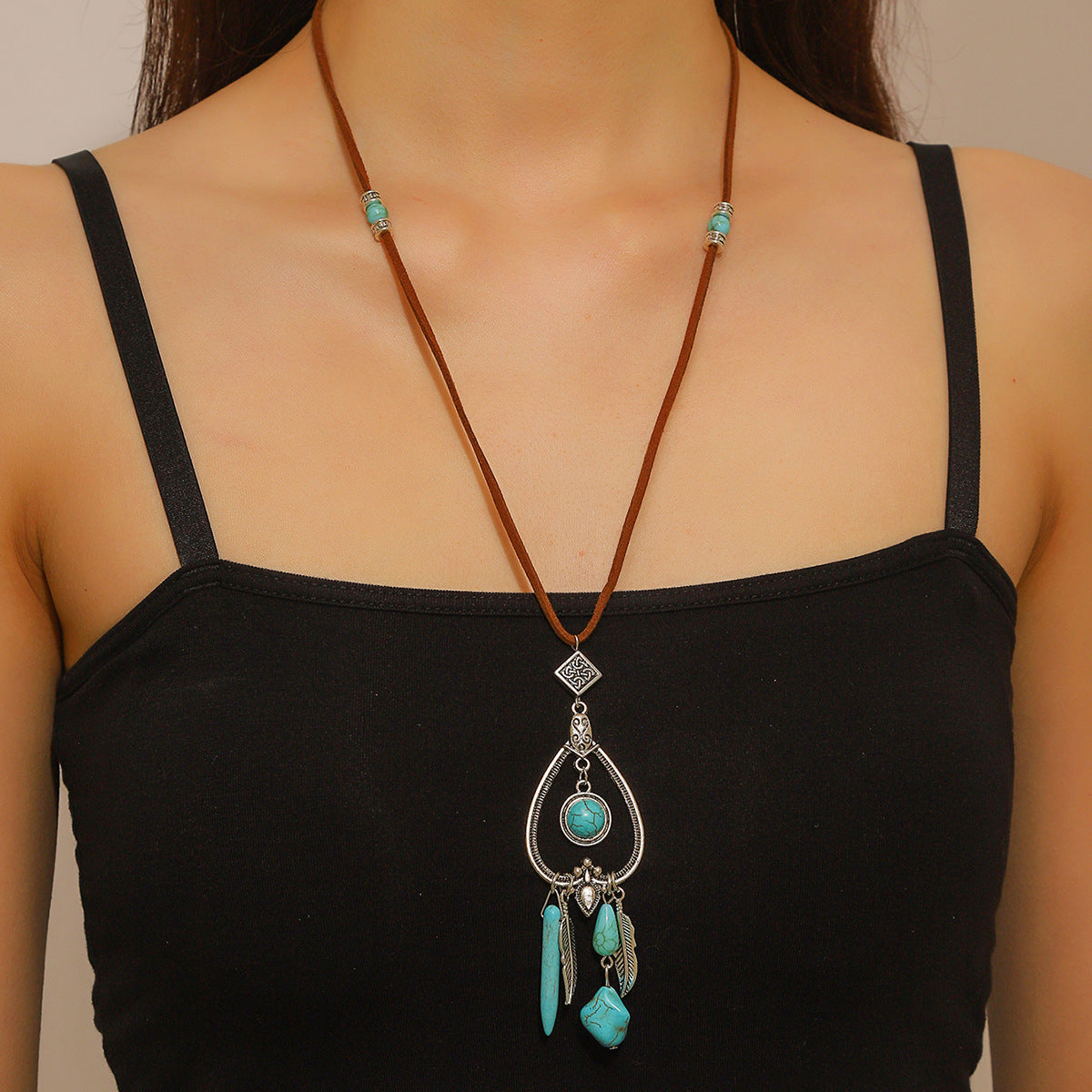 Bohemian Ethnic Style Turquoise Vintage Long Sweater Necklace