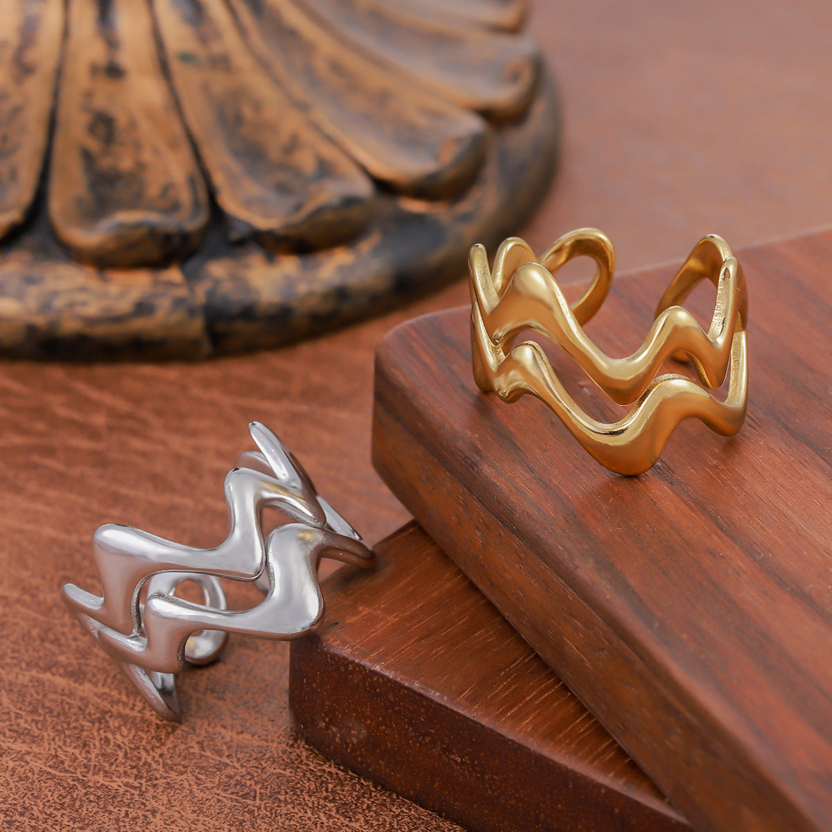 Wind Irregular Wave Line Open Stainless Steel Female Oil Ring