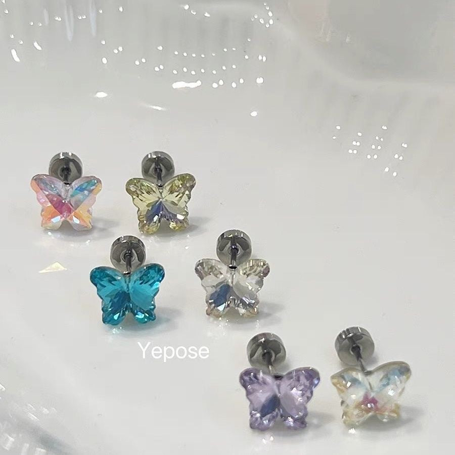 Polarized Butterfly Zircon Ear Bone Flat Bottom Pin Titanium Steel Stud Earrings
