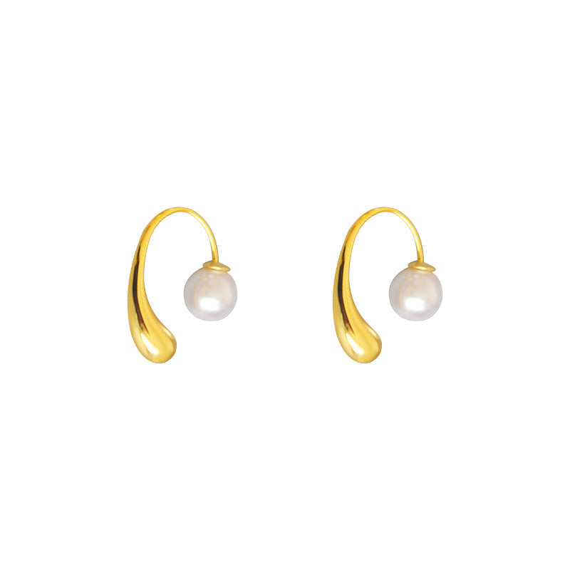 Golden Water Drop Artificial Pearl Female Temperamental Cold Style High-grade Earrings