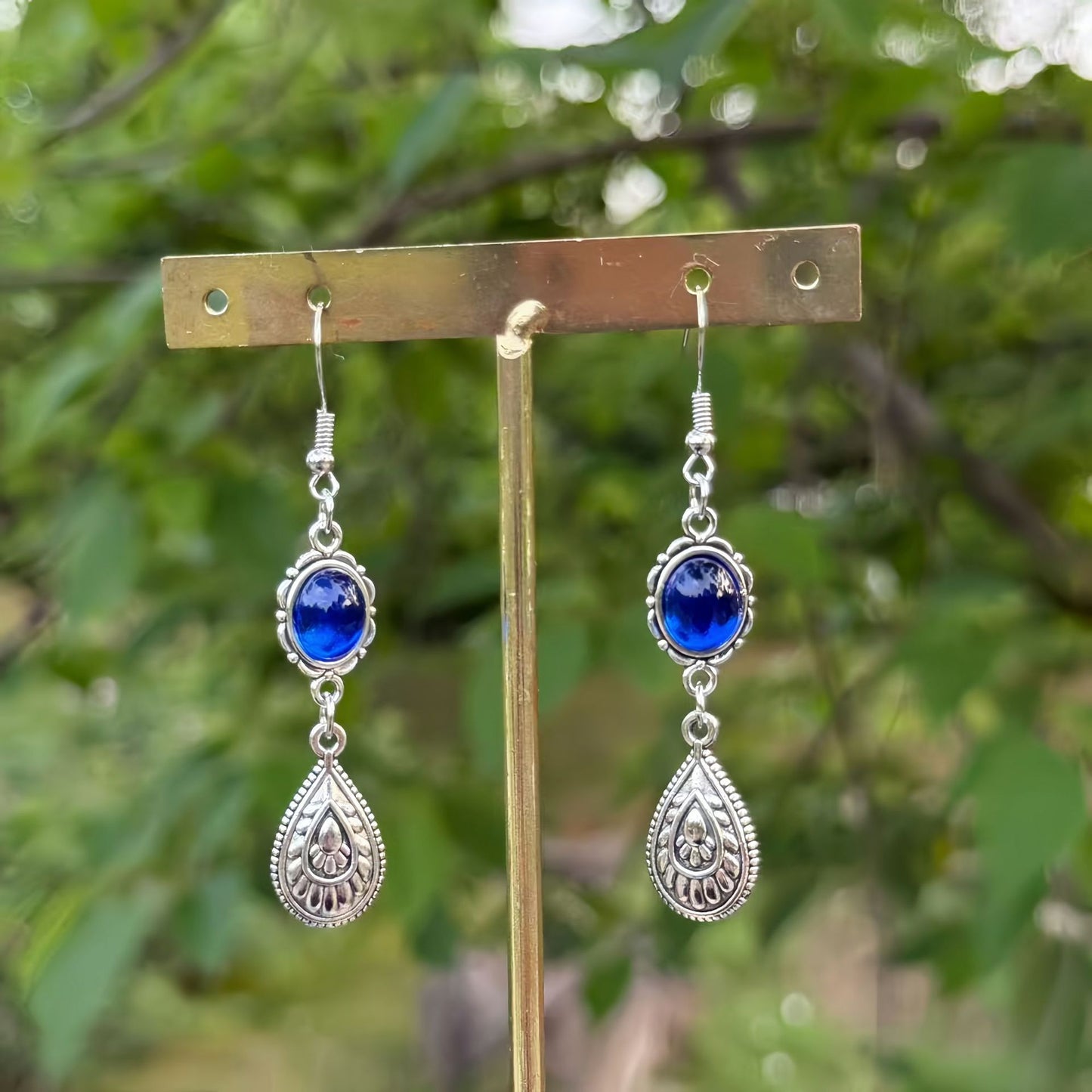 Bohemian Retro Sapphire Water Drop Distressed Ethnic Style Earrings