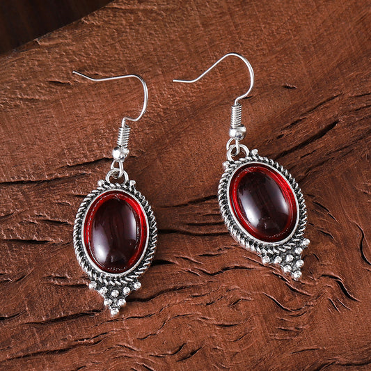 Retro Exquisite Embossed Inlaid Ruby Oval Earrings