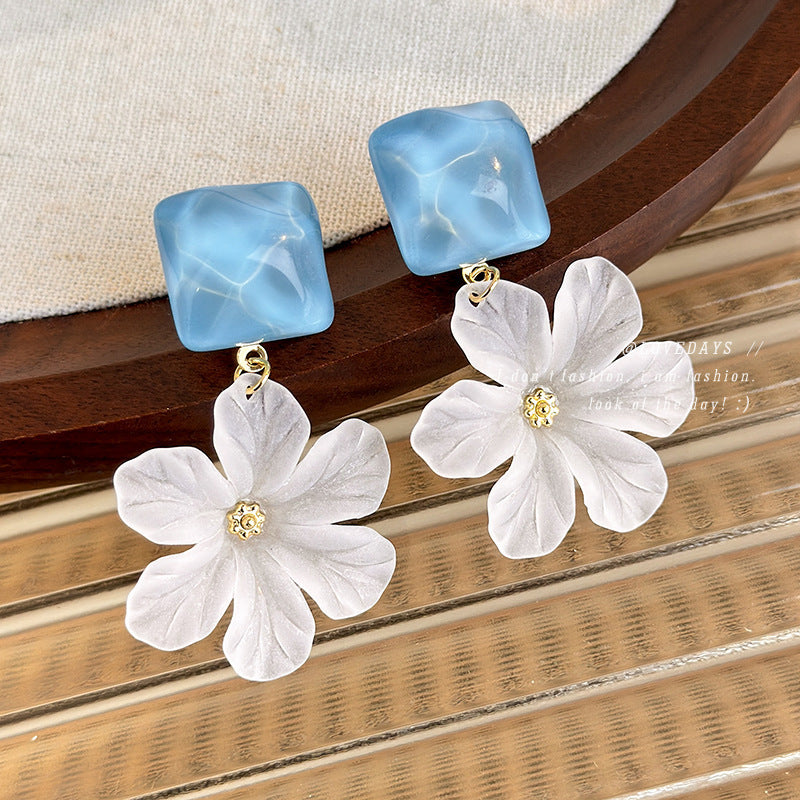 Women's Sea Salt Blue Cube Sugar Flower For Super Beautiful Unique Earrings